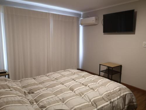 a bedroom with a large bed with a television on the wall at Santa Rosa Hotel in Olavarría
