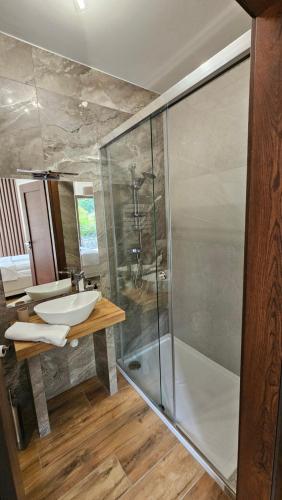 ein Badezimmer mit Glasdusche und Waschbecken in der Unterkunft Willa Zacisze Szczawnica 25m2 Ip in Szczawnica