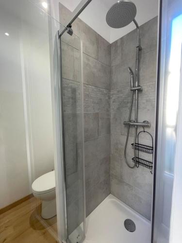 une douche dans une salle de bain avec toilettes dans l'établissement CMG Studio 102 XL Petit-Bois Place Ducale, à Charleville-Mézières