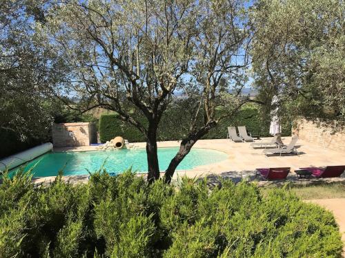- une piscine avec un arbre et des chaises longues dans l'établissement Maison Malliague avec piscine chauffée, à Barjac