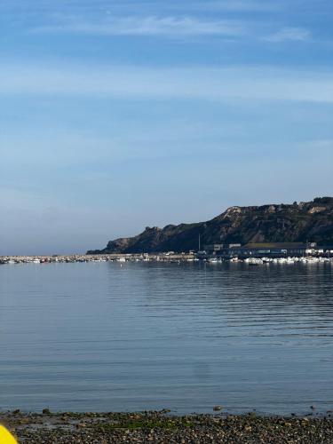 une grande masse d'eau avec des maisons au loin dans l'établissement Résidence la salle, à Perros-Guirec