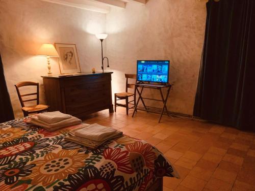 a bedroom with a bed and a tv in a room at Ferme de Jeanleix in Sauxillanges