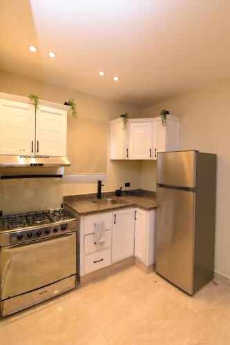 a kitchen with white cabinets and a stainless steel refrigerator at Solmi Rooms in Calero