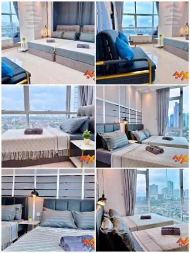 a collage of photos of a hotel room with beds at KSL City Mall 6-20pax Private Lift-Netflix-SmartTV 70inch in Johor Bahru