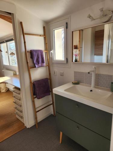 une salle de bain avec un lavabo et un miroir dans l'établissement Spacieuse villa avec piscine et climatisation, à Caveirac