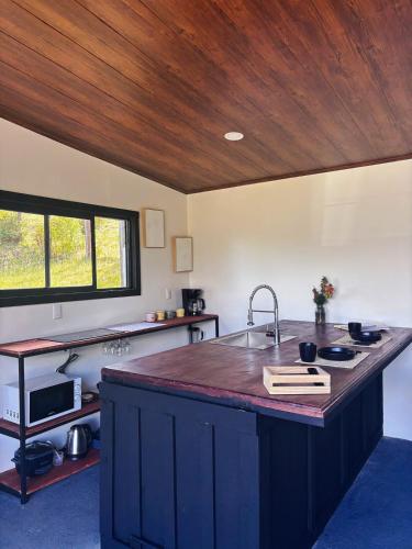 a kitchen with a sink and a wooden ceiling at Cabaña Las Brumas del Jaular in Tapantí