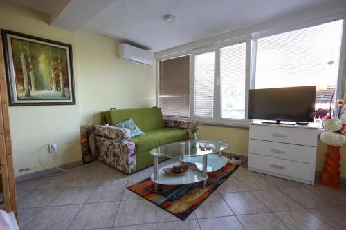 a living room with a couch and a tv at Villa Lyra in Trebinje