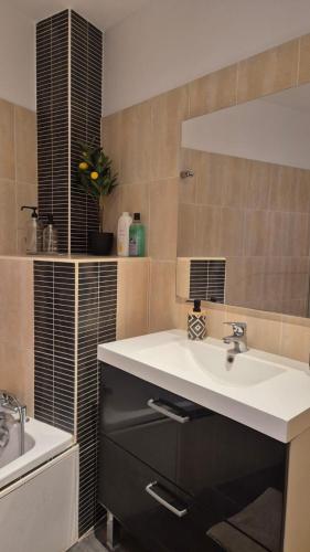 une salle de bain avec un lavabo et un miroir dans l'établissement Chez Anton, à Bergerac