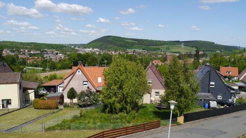 a village with houses and a hill in the background at Ferienwohnung Okerblick in Goslar