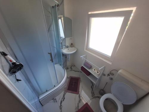 a bathroom with a shower and a toilet and a sink at Fly & Stay Apartments in Laktaši