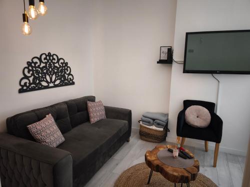 a living room with a couch and a flat screen tv at Apartment Fedora Old Town Sarajevo in Sarajevo