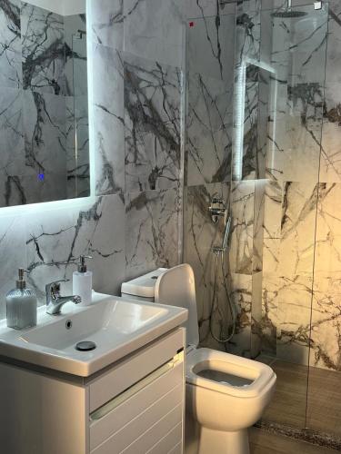 a bathroom with a white sink and a toilet at Ambrelia Living in Shkodër