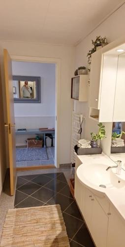 a kitchen with a sink and a mirror at Stort og dejligt værelse med privat bad in Hornsyld