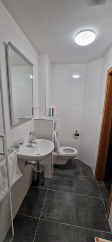a white bathroom with a sink and a toilet at Vila Jedľa in Smokovce