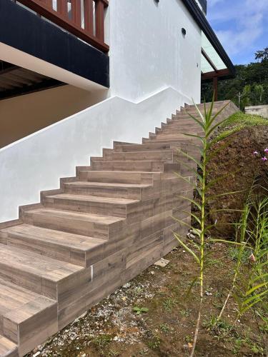 a set of wooden stairs next to a house at Casa de la Cascada in Pedro Vicente Maldonado