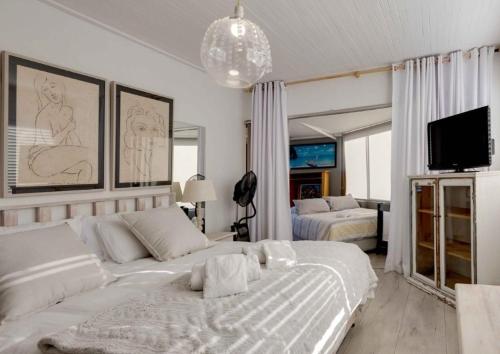 赫曼努斯Corner Delight at Onrust Beach的一间卧室，配有两张床和一台平板电视