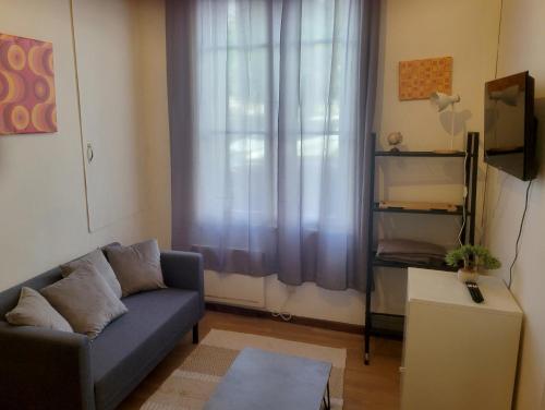 un salon avec un canapé et une fenêtre dans l'établissement Studio quai de Loire hyper centre local à vélo, à Saumur