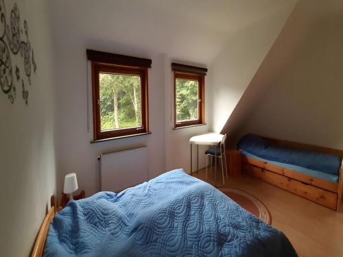 a bedroom with a bed and a blue comforter and two windows at Charmantes Dachgeschoss-Refugium, Harz in Wildemann