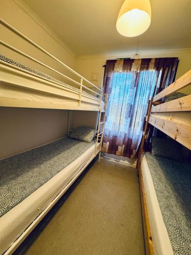 two bunk beds in a room with a window at Hässlebogården Turist & Konferens in Mariannelund