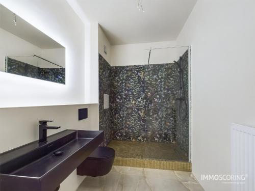 a bathroom with a sink and a shower at Royal Haus Chemnitz 3- Balkon nahe Zeisigwald in Chemnitz