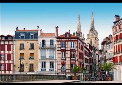 un groupe de bâtiments dans une ville avec une cathédrale dans l'établissement 2-room apartment, à Bayonne