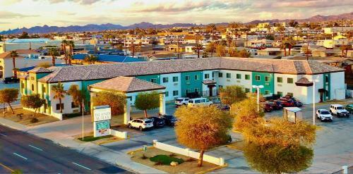 an aerial view of a town with a parking lot at Island Suites in Lake Havasu City