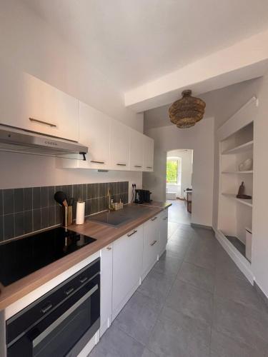 une grande cuisine avec des placards blancs et un évier dans l'établissement Charmant appartement, à Bastia