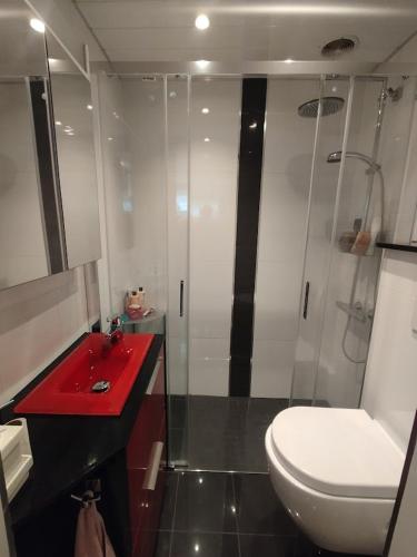 a bathroom with a red sink and a shower at Villa Baneheia-Studios & Apartment in Kristiansand