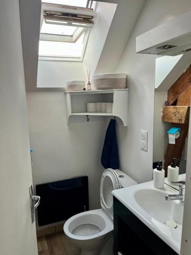 La salle de bains est pourvue de toilettes, d'un lavabo et d'une lucarne. dans l'établissement Charming furnished house at Moret sur Loing, à Moret-sur-Loing