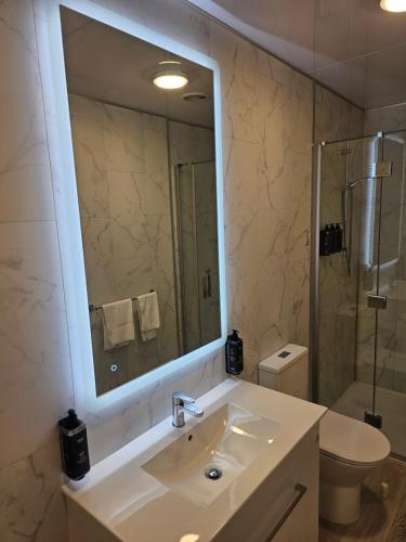 a bathroom with a sink and a mirror and a toilet at Fox Glacier TOP 10 Holiday Park & Motels in Fox Glacier
