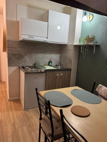 une cuisine avec une table et des chaises dans une cuisine dans l'établissement Appartement Dijon-centre quartier Montchapet, à Dijon