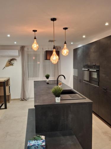 une cuisine avec un îlot dans une cuisine avec des lumières dans l'établissement LaDy ROSE NÎMES, House for 14 people, à Caissargues