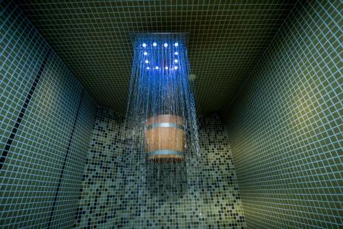 a shower in a bathroom with a blue light at Victoriya's House in Hisarya