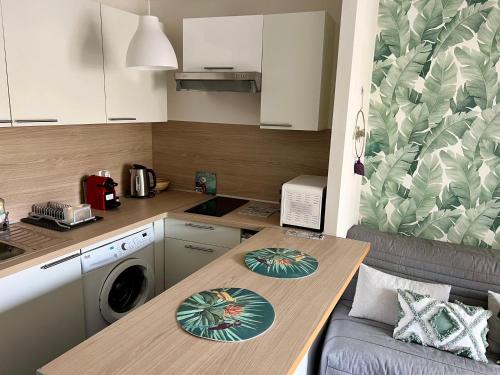 une petite cuisine avec une table avec une machine à laver dans l'établissement Palm Leaf Studio Nice, à Nice