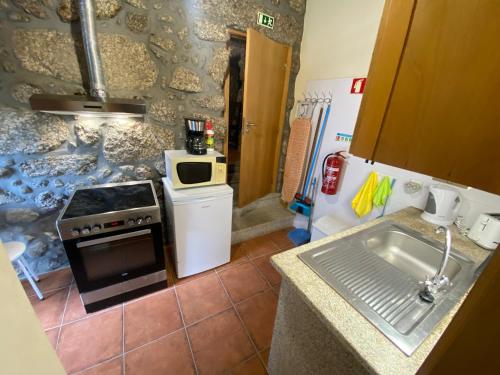 eine Küche mit einer Spüle, einem Herd und einem Kühlschrank in der Unterkunft Refúgio Rural no Gerês - Casa Araujo de Sousa in Terras de Bouro