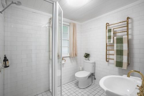 une salle de bain blanche avec toilettes et lavabo dans l'établissement Eco Cottage Alpine Southern Highlands, à Alpine