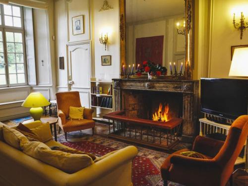 a living room with a couch and a fireplace at Charmante Maison dans Aile de Château du 18ème avec Jardin et Proximité Étangs, Forêt, Loisirs - FR-1-497-13 in Le Grais