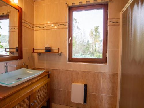 une salle de bain avec un lavabo et une fenêtre dans l'établissement Maison isolée 6 pers, Dordogne, terrasse, animaux acceptés - FR-1-616-153, à La Roque-Gageac