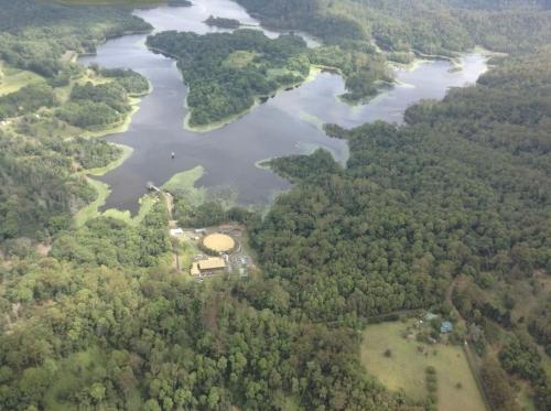 an aerial view of a lake and trees at Mollys Farm in Dorroughby