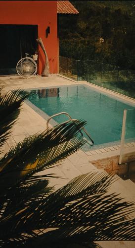 a swimming pool with a palm tree next to a house at Al Bader Resort in Jurf ad Darāwīsh