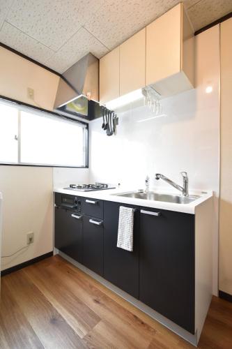 a kitchen with black cabinets and a sink at Long-term stays welcome! Entirely private rental townhouse for up to 4 people, 17 minutes walk from station, 45 minutes direct to Tokyo in Ageo