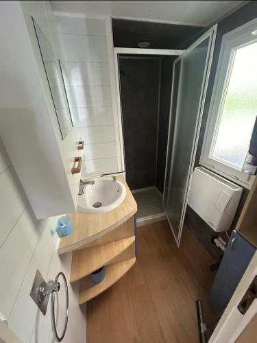 une petite salle de bain avec un lavabo et une douche dans l'établissement Mobil home tout confort, à La Celle-sous-Gouzon