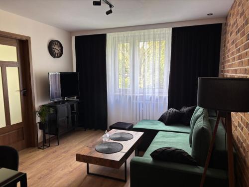 a living room with a green couch and a window at Biała Centrum 2 in Biała Podlaska