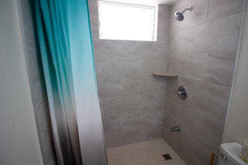 a bathroom with a shower with a window at Waikiki Beachside Hostel in Honolulu