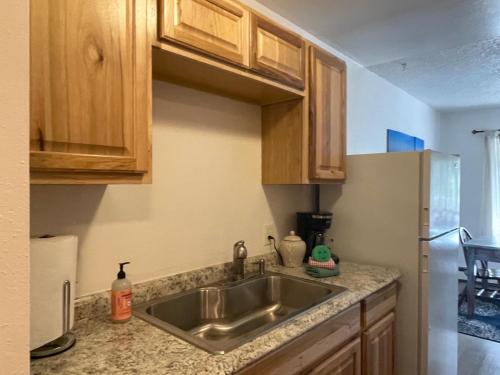 a kitchen with a sink and a refrigerator at Captain's Quarters - Reduced Price Tours! in Mendenhaven