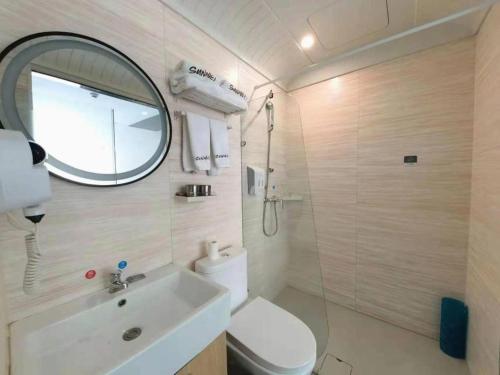 a bathroom with a toilet and a sink and a mirror at Thank Inn Hebei Xingtai Xindu District South Shoujing Road in Xingtai