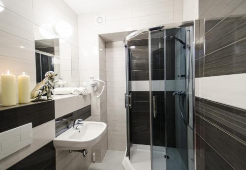 a bathroom with a glass shower and a sink at Grand Kapitan Medi Spa - POKOJE OZONOWANE in Ustronie Morskie