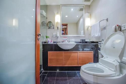a bathroom with a white toilet and a sink at Linyi Blue Horizon Intenational Hotel in Linyi