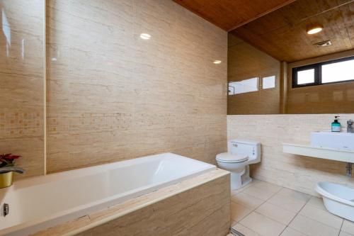 a bathroom with a tub and a toilet and a sink at Hi Zebra Travel B&B in Dongshan