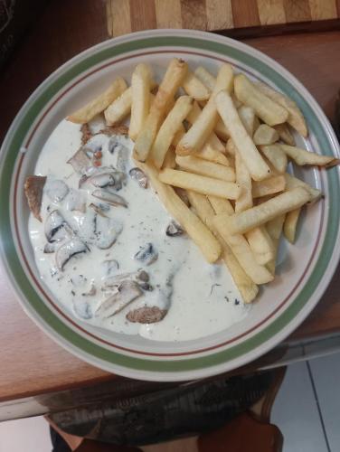 a plate of food with french fries and dip at Prenoćište Dajević Hotel Tara Pljevlja in Pljevlja